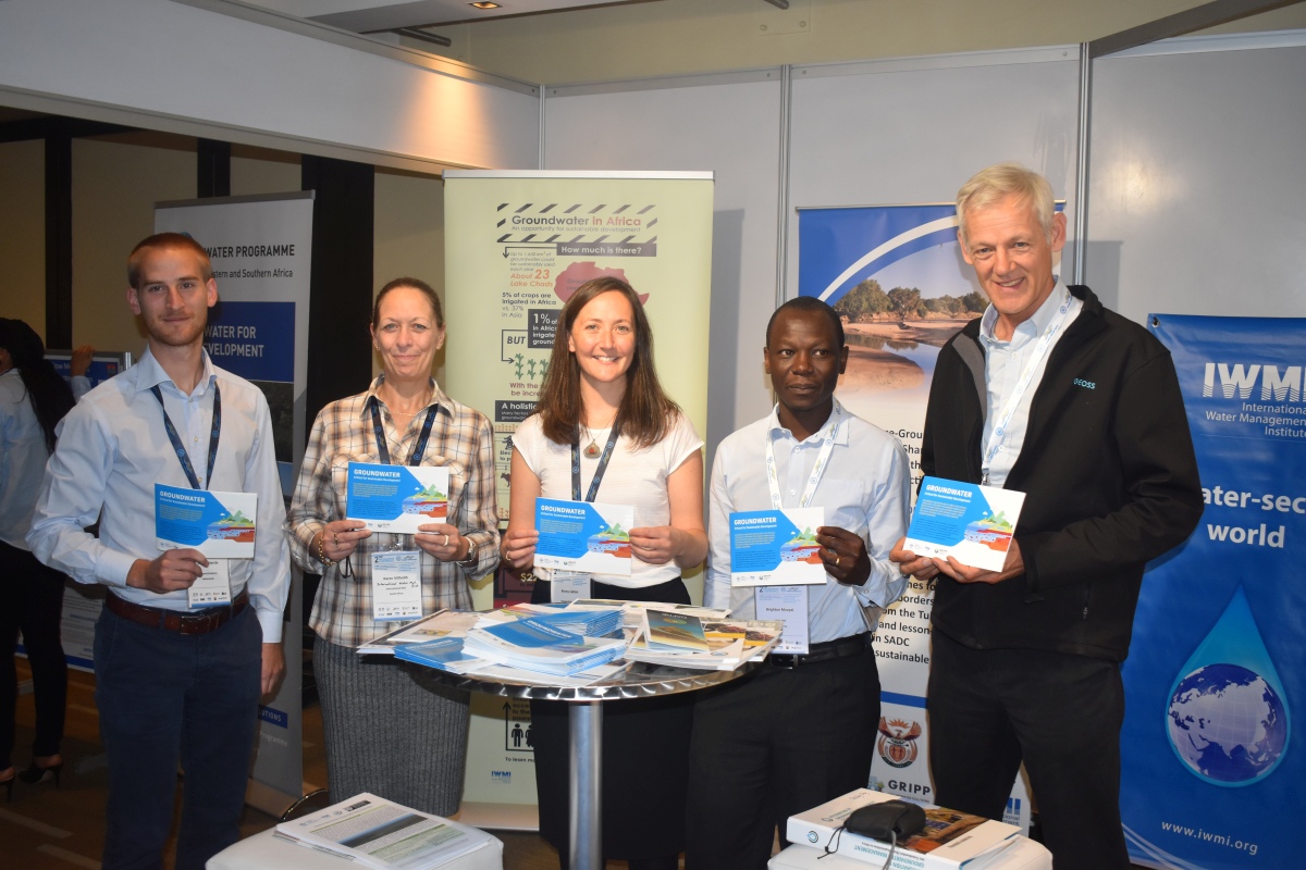 GRIPP and partner representatives at the launch of the Groundwater and SDG infographic during the 2nd SADC Groundwater Conference. From the left: Arnaud Sterckx, IGRAC; Karen Villholth, IWMI, Kirsty Upton, BGS, Brighton Munyai, SADC-GMI; Julian Conrad, Geohydrological and Spatial Solutions International (GEOSS) and IAH. 