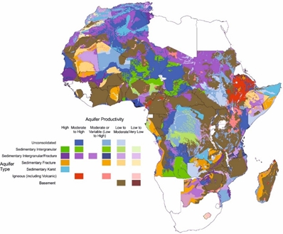 Country-scale hydrogeology maps currently available to download from the Africa Groundwater Atlas, showing a combination of aquifer types and aquifer productivity (source: Africa Groundwater Atlas/British Geological Survey).